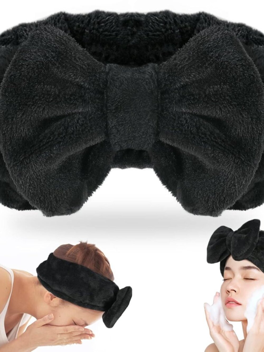 Spa Headband, Soft Carol Fleece Makeup Headband with Cute Bow Elastic Hairband f